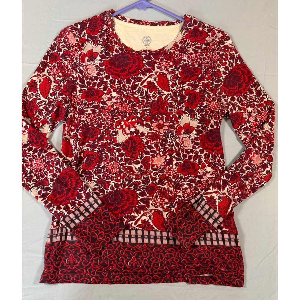 Tory Burch Red Floral Bird Print Pima Cotton Long Sleeve Top 32142125 Small